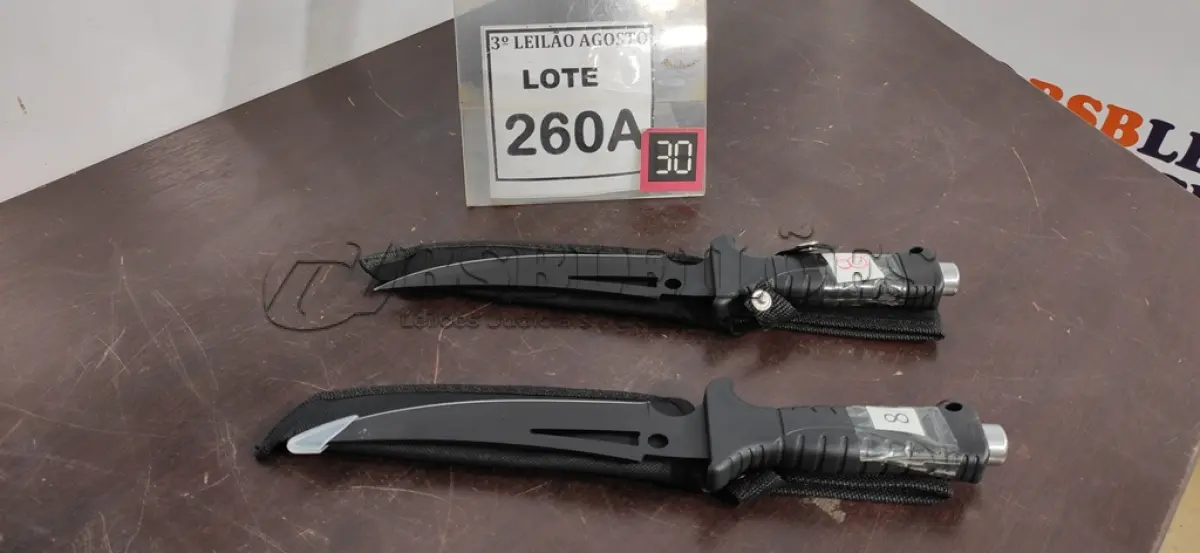 LOTE 260 - 02 FACAS TÁTICA 30CM TAMANHO TOTAL BAINHA DE NYLON CABO EM POLÍMERO. (NO ESTADO) ATENÇÃO! FAZER A VISITAÇÃO ANTES DE ARREMATAR, NÃO SABEMOS SE FUNCIONA. LEILÃO NÃO TEM GARANTIA E NEM DEVOLUÇÃO, SUJEITO A POSSÍVEIS AVARIAS VISÍVEIS/OCULTAS E/OU AUSÊNCIA DE COMPONENTES.