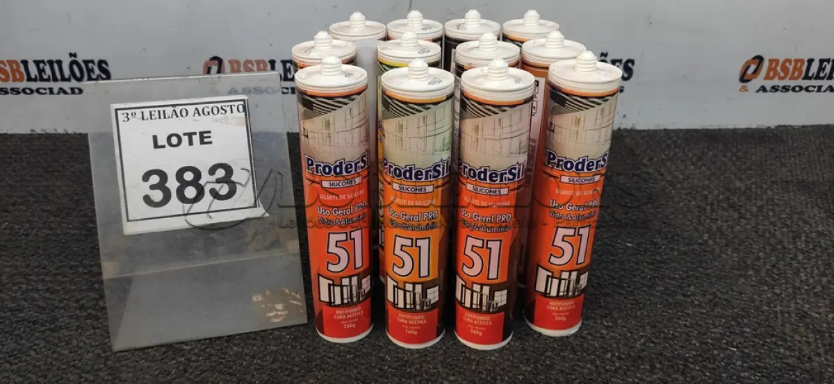 LOTE 383 - 12 BISNAGAS DE SELANTE SILICONE COM 260G MARCA PRODERSIL. (NO ESTADO) ATENÇÃO! FAZER A VISITAÇÃO ANTES DE ARREMATAR, NÃO SABEMOS SE FUNCIONA, LEILÃO NÃO TEM GARANTIA E NEM DEVOLUÇÃO, SUJEITO A POSSÍVEIS AVARIAS VISÍVEIS/OCULTAS E/OU AUSÊNCIA DE COMPONENTES.