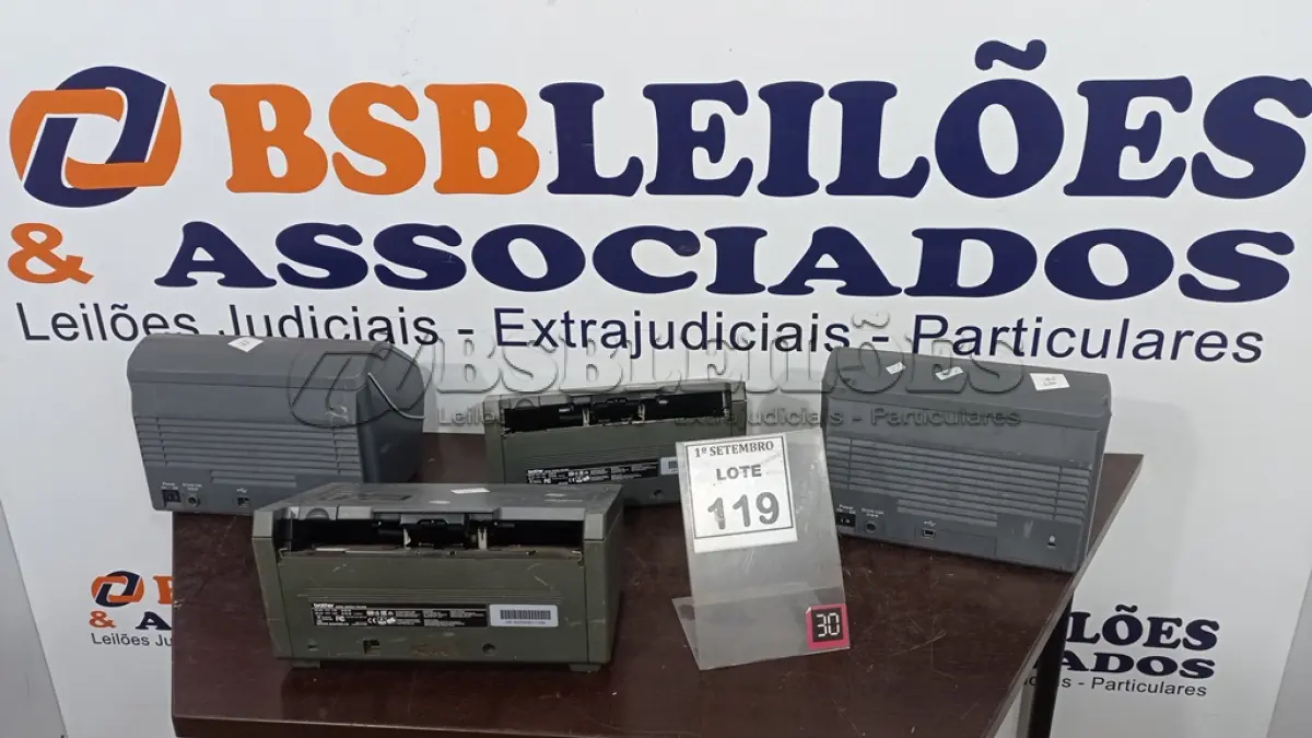 LOTE 119 - 02 SCANNERS MARCA EPSON E 02 SCANNERS MARCA BROTHER. (NO ESTADO) ATENÇÃO! FAZER A VISITAÇÃO ANTES DE ARREMATAR, NÃO SABEMOS SE FUNCIONA, LEILÃO NÃO TEM GARANTIA E NEM DEVOLUÇÃO, SUJEITO A POSSÍVEIS AVARIAS VISÍVEIS/OCULTAS E/OU AUSÊNCIA DE COMPONENTES.