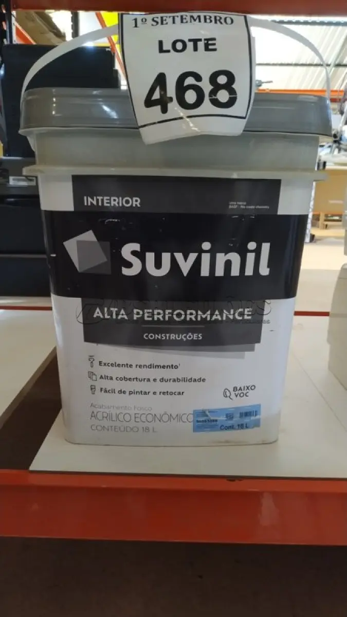 LOTE 468 - 01 BALDE DE TINTA SUVINIL INTERIORES FOSCOS 18L NA COR FOSCO BRANCO. VENCIMENTO 10/2027 (NOVO) (NO ESTADO) ATENÇÃO! FAZER A VISITAÇÃO ANTES DE ARREMATAR, NÃO SABEMOS SE FUNCIONA. LEILÃO NÃO TEM GARANTIA E NEM DEVOLUÇÃO, SUJEITO A POSSÍVEIS AVARIAS VISÍVEIS/OCULTAS E/OU AUSÊNCIA DE COMPONENTES.