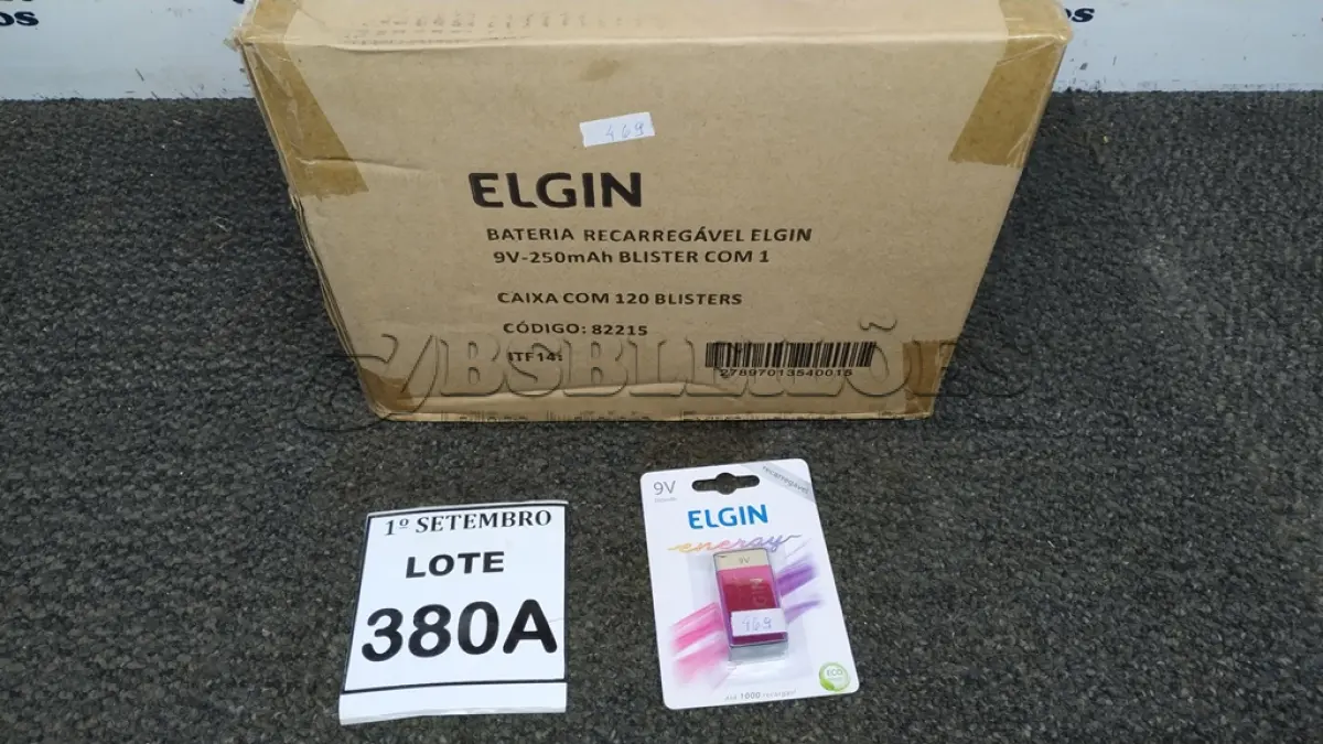 LOTE 380 - 01 CAIXA COM 120 BLISTERS BATERIA RECARREGÁVEL ELGIN 9V-250MAH. (NO ESTADO) ATENÇÃO! FAZER A VISITAÇÃO ANTES DE ARREMATAR, NÃO SABEMOS SE FUNCIONA, LEILÃO NÃO TEM GARANTIA E NEM DEVOLUÇÃO, SUJEITO A POSSÍVEIS AVARIAS VISÍVEIS/OCULTAS E/OU AUSÊNCIA DE COMPONENTES.