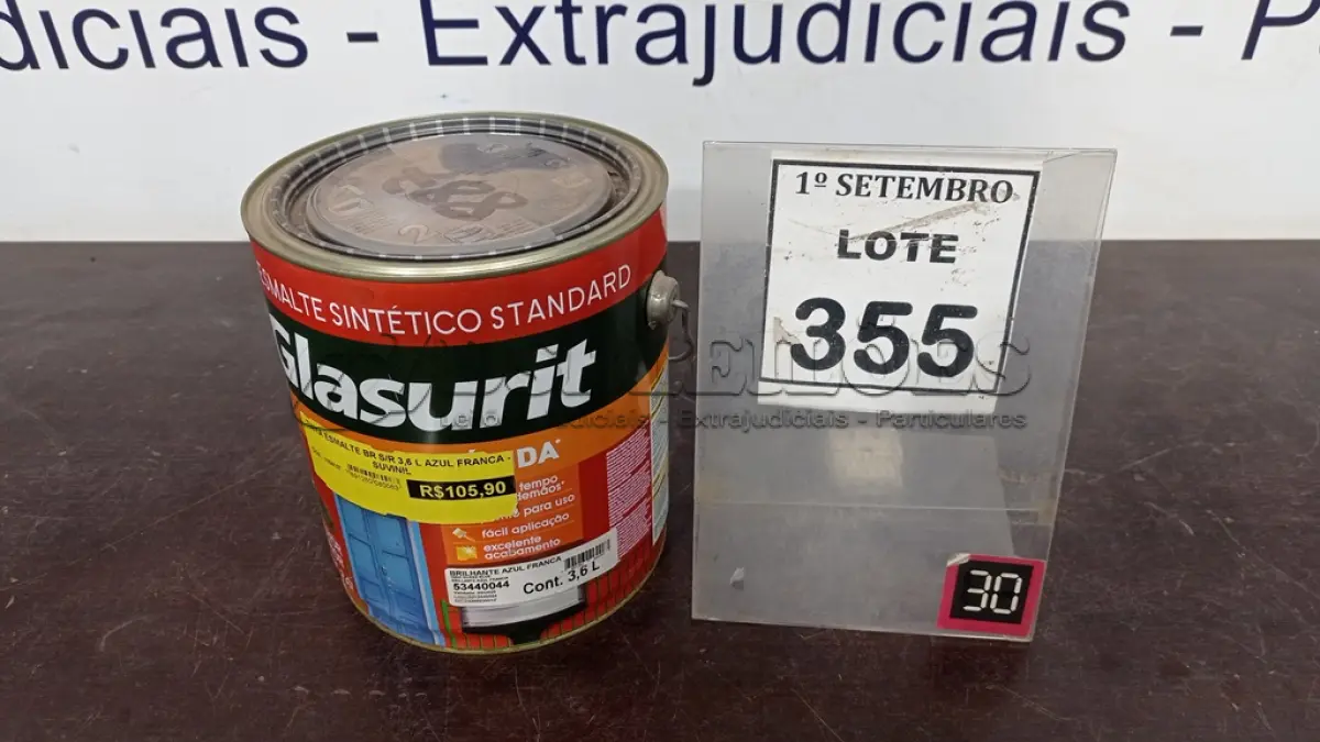 LOTE 355 - 01 LATA DE ESMALTE SINTÉTICO COM 3,6L NA COR BRILHANTE AZUL FRANÇA MARCA GLASURIT. (NO ESTADO) ATENÇÃO! FAZER A VISITAÇÃO ANTES DE ARREMATAR, NÃO SABEMOS SE FUNCIONA, LEILÃO NÃO TEM GARANTIA E NEM DEVOLUÇÃO, SUJEITO A POSSÍVEIS AVARIAS VISÍVEIS/OCULTAS E/OU AUSÊNCIA DE COMPONENTES.