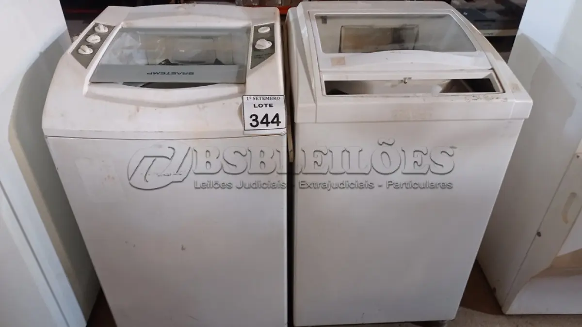 LOTE 344 - 02 MÁQUINAS DE LAVAR MARCA BRASTEMP COM AVARIAS. (NO ESTADO) ATENÇÃO! FAZER A VISITAÇÃO ANTES DE ARREMATAR, NÃO SABEMOS SE FUNCIONA, LEILÃO NÃO TEM GARANTIA E NEM DEVOLUÇÃO, SUJEITO A POSSÍVEIS AVARIAS VISÍVEIS/OCULTAS E/OU AUSÊNCIA DE COMPONENTES.