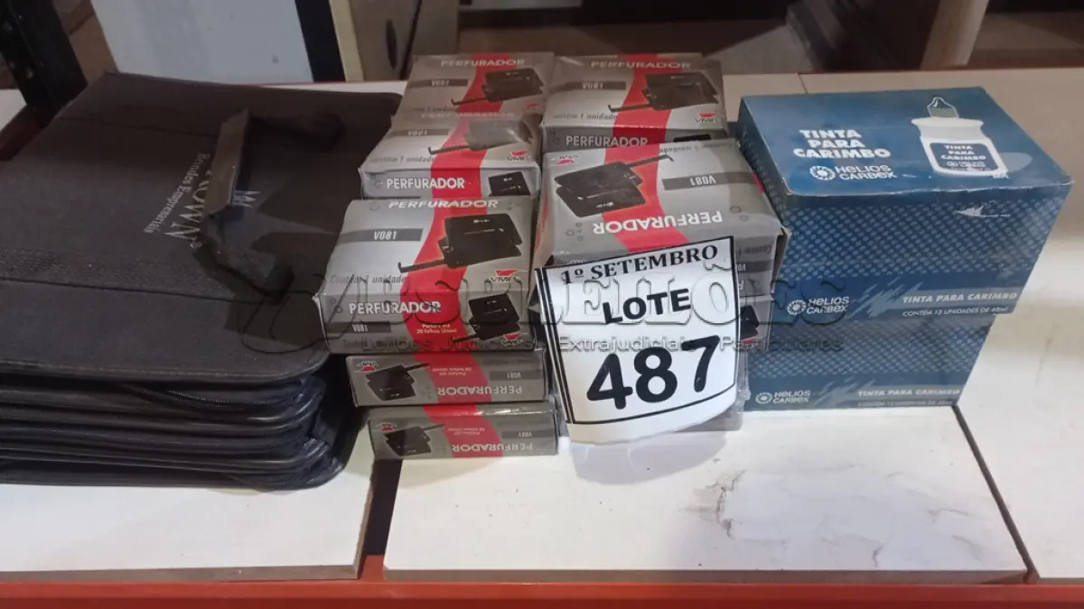 LOTE 487 - 20 CAIXAS DE PERFURADORES DE PAPEL, 06 CAIXAS DE TINTA PARA CARIMBO E 01 PASTA PARA CANETAS. (NO ESTADO) ATENÇÃO! FAZER A VISITAÇÃO ANTES DE ARREMATAR, NÃO SABEMOS SE FUNCIONA, LEILÃO NÃO TEM GARANTIA E NEM DEVOLUÇÃO, SUJEITO A POSSÍVEIS AVARIAS VISÍVEIS/OCULTAS E/OU AUSÊNCIA DE COMPONENTES.