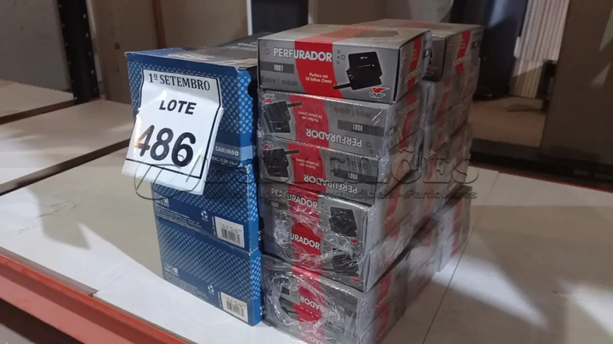 LOTE 486 - 20 CAIXAS DE PERFURADORES DE PAPEL E 06 CAIXAS DE TINTA PARA CARIMBO. (NO ESTADO) ATENÇÃO! FAZER A VISITAÇÃO ANTES DE ARREMATAR, NÃO SABEMOS SE FUNCIONA, LEILÃO NÃO TEM GARANTIA E NEM DEVOLUÇÃO, SUJEITO A POSSÍVEIS AVARIAS VISÍVEIS/OCULTAS E/OU AUSÊNCIA DE COMPONENTES.