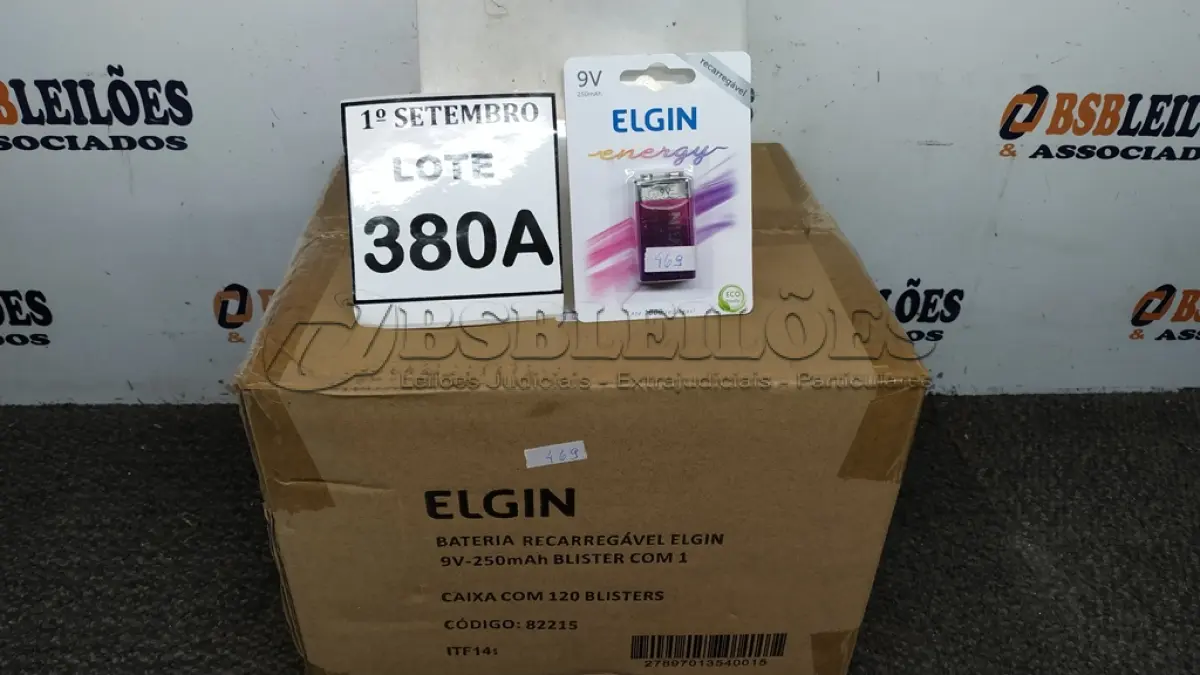 LOTE 380 - 01 CAIXA COM 120 BLISTERS BATERIA RECARREGÁVEL ELGIN 9V-250MAH. (NO ESTADO) ATENÇÃO! FAZER A VISITAÇÃO ANTES DE ARREMATAR, NÃO SABEMOS SE FUNCIONA, LEILÃO NÃO TEM GARANTIA E NEM DEVOLUÇÃO, SUJEITO A POSSÍVEIS AVARIAS VISÍVEIS/OCULTAS E/OU AUSÊNCIA DE COMPONENTES.