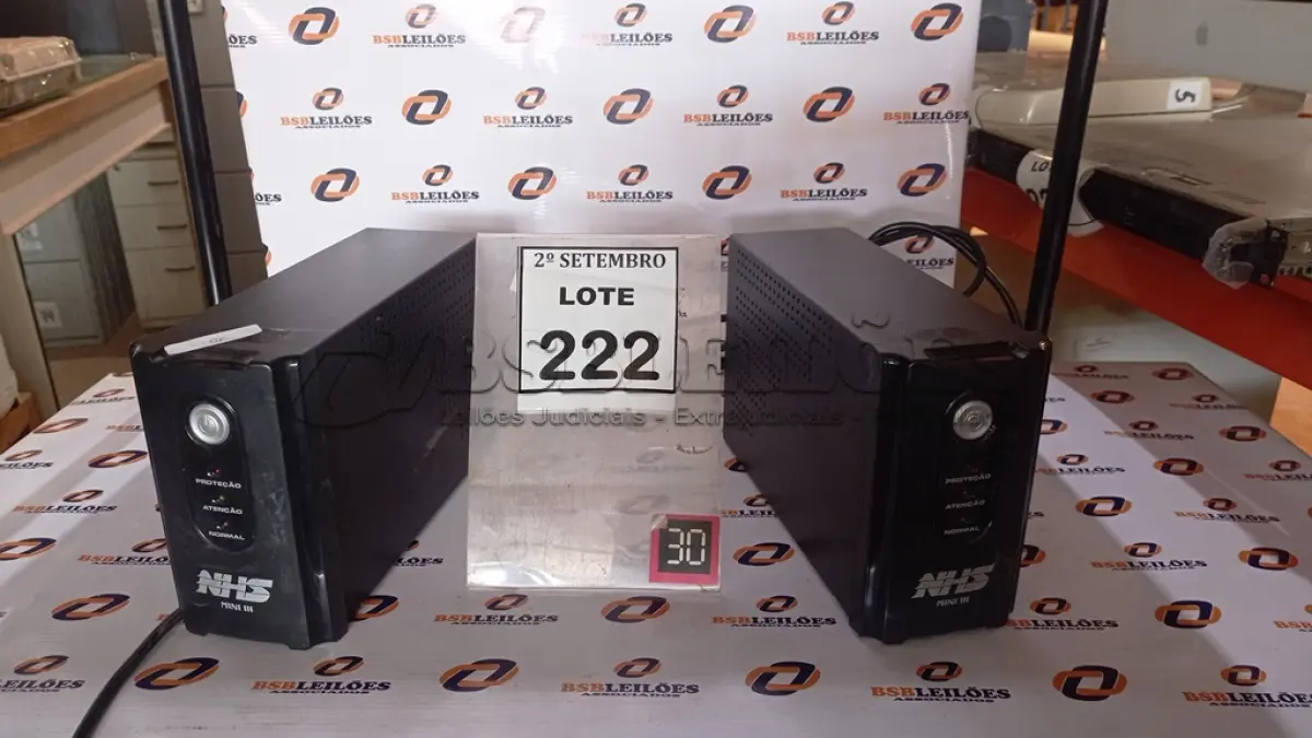 LOTE 222 - 02 NOBREAKS MARCA NHS MINI III. (NO ESTADO) ATENÇÃO! FAZER A VISITAÇÃO ANTES DE ARREMATAR, NÃO SABEMOS SE FUNCIONA, LEILÃO NÃO TEM GARANTIA E NEM DEVOLUÇÃO, SUJEITO A POSSÍVEIS AVARIAS VISÍVEIS/OCULTAS E/OU AUSÊNCIA DE COMPONENTES.