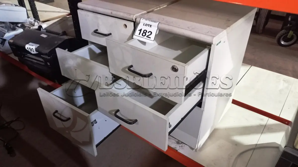 LOTE 182 - 02 GAVETEIROS COM 03 GAVETAS CADA. (NO ESTADO) ATENÇÃO! FAZER A VISITAÇÃO ANTES DE ARREMATAR, NÃO SABEMOS SE FUNCIONA, LEILÃO NÃO TEM GARANTIA E NEM DEVOLUÇÃO, SUJEITO A POSSÍVEIS AVARIAS VISÍVEIS/OCULTAS E/OU AUSÊNCIA DE COMPONENTES.