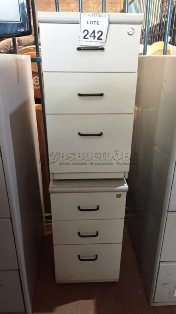 LOTE 242 - 02 GAVETEIROS COM 03 GAVETAS CADA. (NO ESTADO) ATENÇÃO! FAZER A VISITAÇÃO ANTES DE ARREMATAR, NÃO SABEMOS SE FUNCIONA, LEILÃO NÃO TEM GARANTIA E NEM DEVOLUÇÃO, SUJEITO A POSSÍVEIS AVARIAS VISÍVEIS/OCULTAS E/OU AUSÊNCIA DE COMPONENTES.