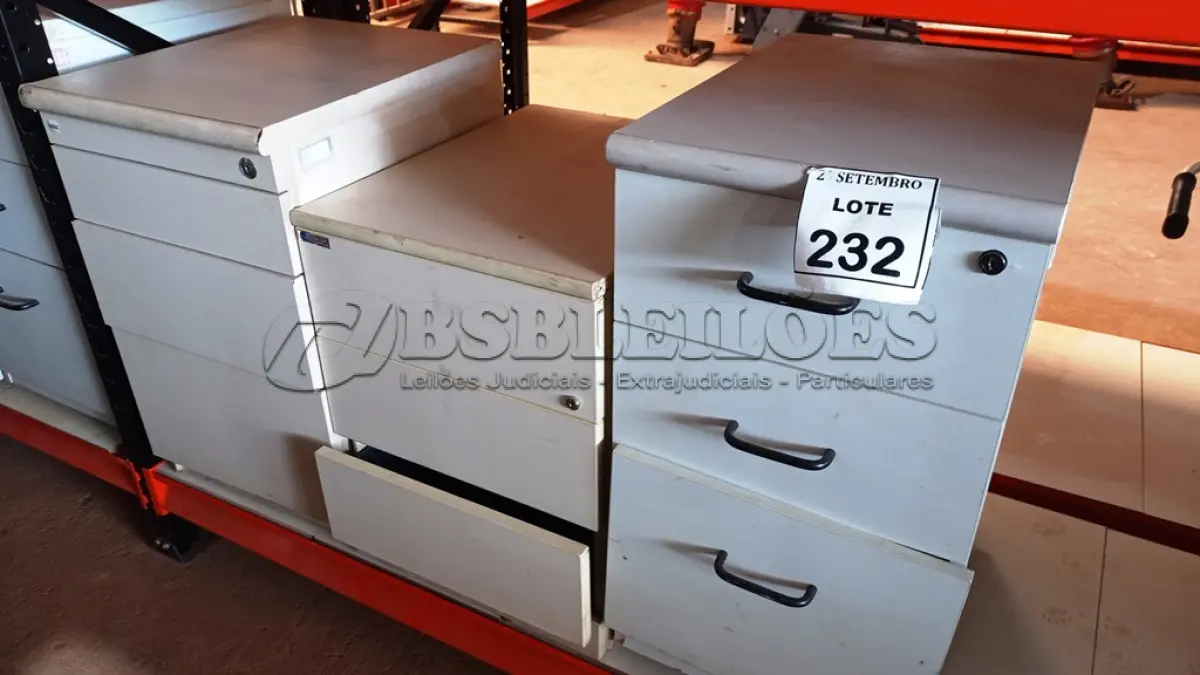 LOTE 232 - 03 GAVETEIROS COM 03 GAVETAS CADA. (NO ESTADO) ATENÇÃO! FAZER A VISITAÇÃO ANTES DE ARREMATAR, NÃO SABEMOS SE FUNCIONA, LEILÃO NÃO TEM GARANTIA E NEM DEVOLUÇÃO, SUJEITO A POSSÍVEIS AVARIAS VISÍVEIS/OCULTAS E/OU AUSÊNCIA DE COMPONENTES.