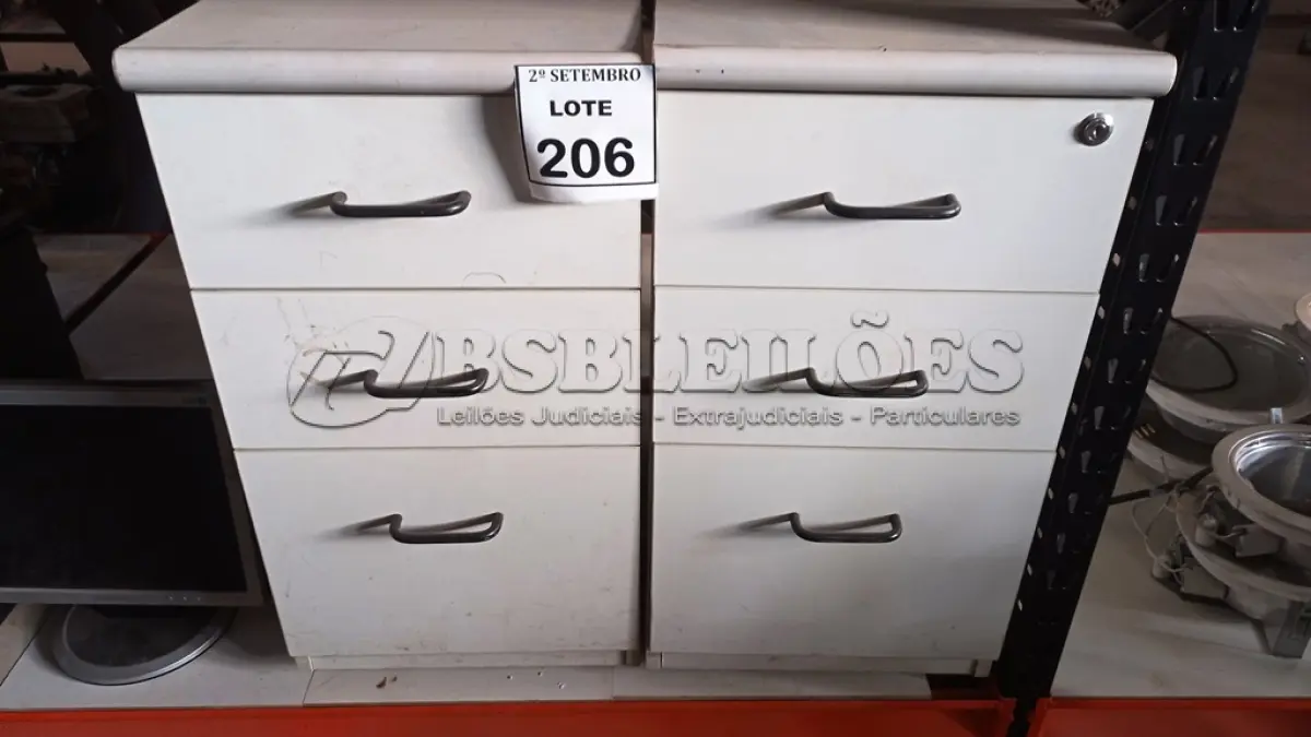LOTE 206 - 02 GAVETEIROS COM 03 GAVETAS CADA. (NO ESTADO) ATENÇÃO! FAZER A VISITAÇÃO ANTES DE ARREMATAR, NÃO SABEMOS SE FUNCIONA, LEILÃO NÃO TEM GARANTIA E NEM DEVOLUÇÃO, SUJEITO A POSSÍVEIS AVARIAS VISÍVEIS/OCULTAS E/OU AUSÊNCIA DE COMPONENTES.