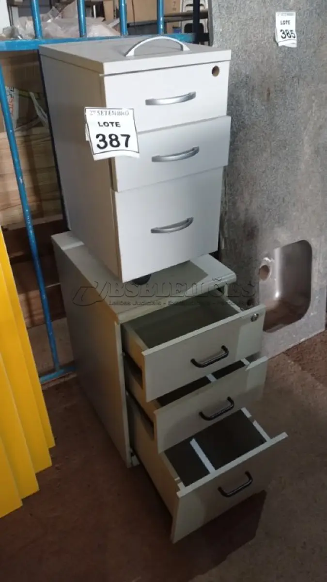 LOTE 387 - 02 GAVETEIROS COM 03 GAVETAS CADA. (NO ESTADO) ATENÇÃO! FAZER A VISITAÇÃO ANTES DE ARREMATAR, NÃO SABEMOS SE FUNCIONA, LEILÃO NÃO TEM GARANTIA E NEM DEVOLUÇÃO, SUJEITO A POSSÍVEIS AVARIAS VISÍVEIS/OCULTAS E/OU AUSÊNCIA DE COMPONENTES.