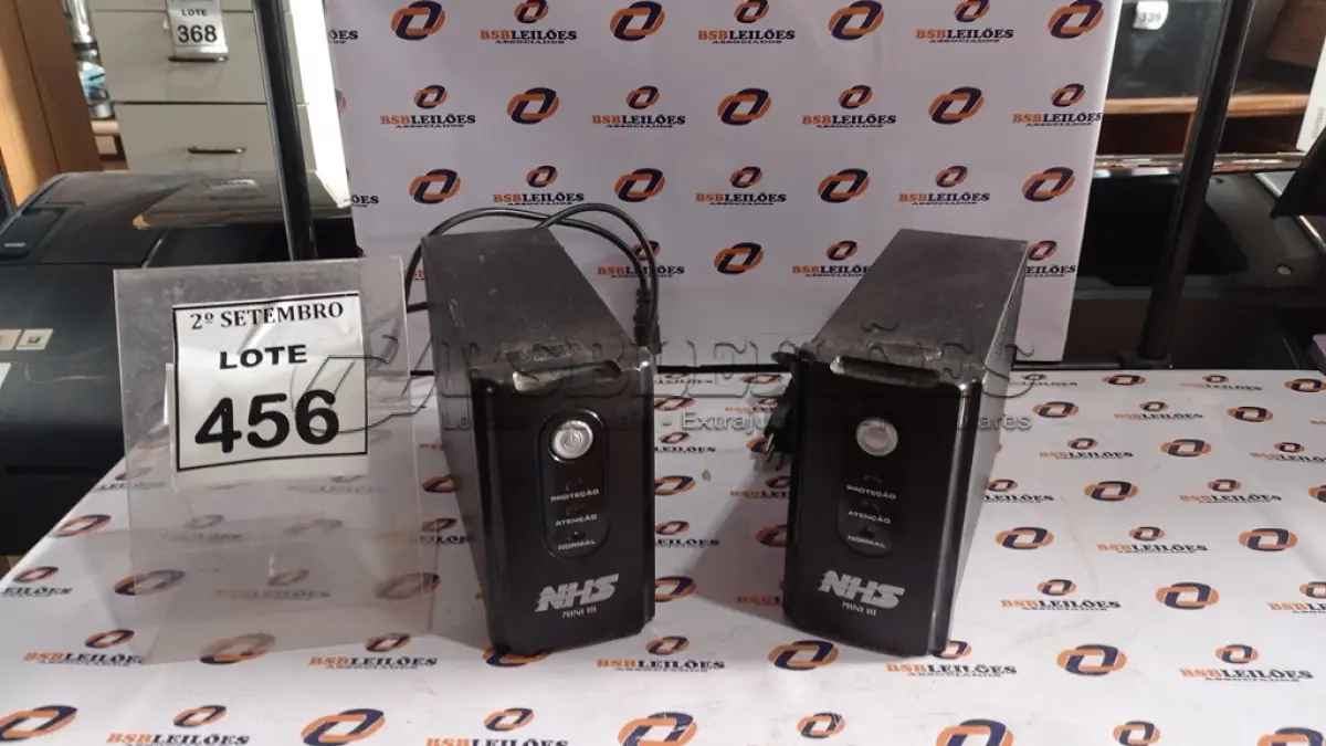 LOTE 456 - 02 NOBREAKS MARCA NHS MINI III. (NO ESTADO) ATENÇÃO! FAZER A VISITAÇÃO ANTES DE ARREMATAR, NÃO SABEMOS SE FUNCIONA, LEILÃO NÃO TEM GARANTIA E NEM DEVOLUÇÃO, SUJEITO A POSSÍVEIS AVARIAS VISÍVEIS/OCULTAS E/OU AUSÊNCIA DE COMPONENTES.