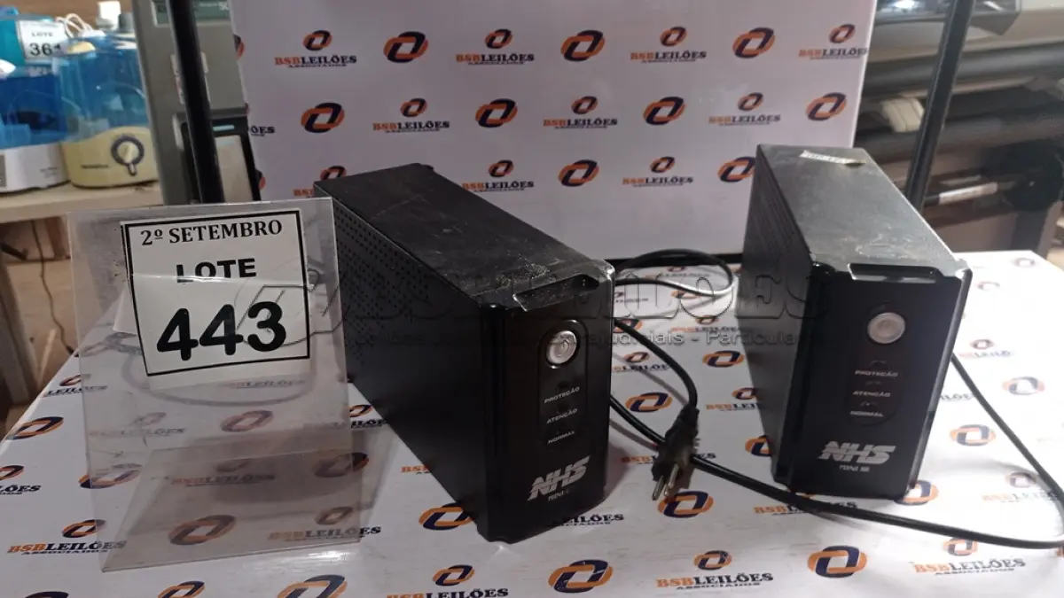 LOTE 443 - 02 NOBREAKS MARCA NHS MINI III. (NO ESTADO) ATENÇÃO! FAZER A VISITAÇÃO ANTES DE ARREMATAR, NÃO SABEMOS SE FUNCIONA, LEILÃO NÃO TEM GARANTIA E NEM DEVOLUÇÃO, SUJEITO A POSSÍVEIS AVARIAS VISÍVEIS/OCULTAS E/OU AUSÊNCIA DE COMPONENTES.
