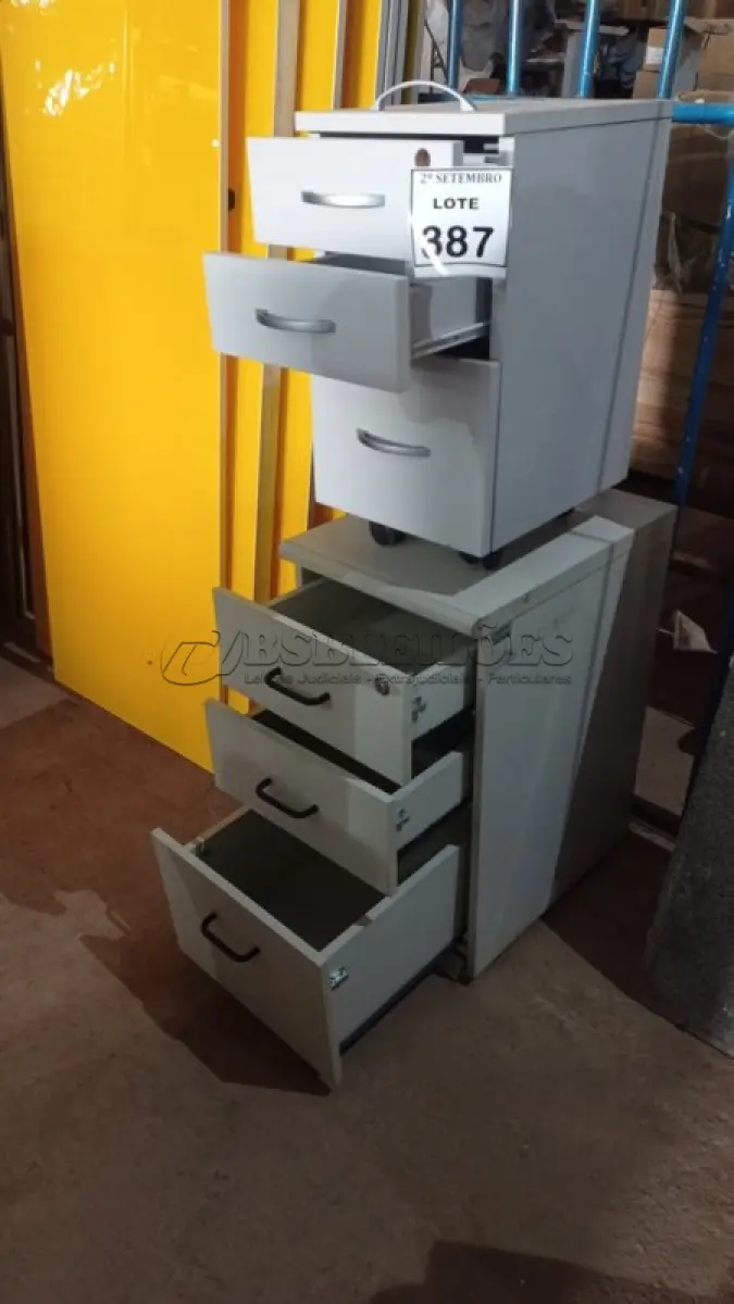 LOTE 387 - 02 GAVETEIROS COM 03 GAVETAS CADA. (NO ESTADO) ATENÇÃO! FAZER A VISITAÇÃO ANTES DE ARREMATAR, NÃO SABEMOS SE FUNCIONA, LEILÃO NÃO TEM GARANTIA E NEM DEVOLUÇÃO, SUJEITO A POSSÍVEIS AVARIAS VISÍVEIS/OCULTAS E/OU AUSÊNCIA DE COMPONENTES.