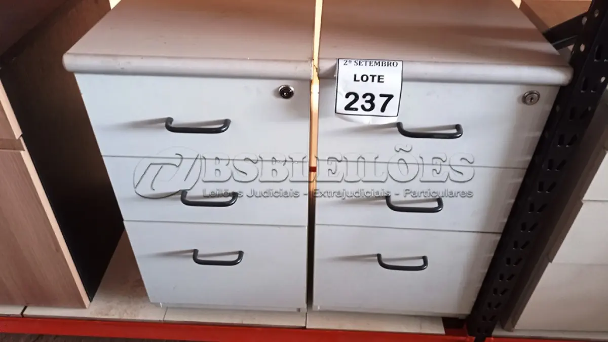 LOTE 237 - 02 GAVETEIROS COM 03 GAVETAS CADA. (NO ESTADO) ATENÇÃO! FAZER A VISITAÇÃO ANTES DE ARREMATAR, NÃO SABEMOS SE FUNCIONA, LEILÃO NÃO TEM GARANTIA E NEM DEVOLUÇÃO, SUJEITO A POSSÍVEIS AVARIAS VISÍVEIS/OCULTAS E/OU AUSÊNCIA DE COMPONENTES.