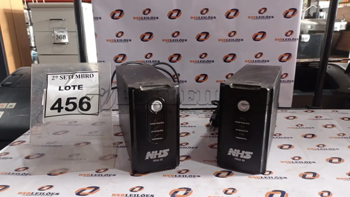 LOTE 456 - 02 NOBREAKS MARCA NHS MINI III. (NO ESTADO) ATENÇÃO! FAZER A VISITAÇÃO ANTES DE ARREMATAR, NÃO SABEMOS SE FUNCIONA, LEILÃO NÃO TEM GARANTIA E NEM DEVOLUÇÃO, SUJEITO A POSSÍVEIS AVARIAS VISÍVEIS/OCULTAS E/OU AUSÊNCIA DE COMPONENTES.
