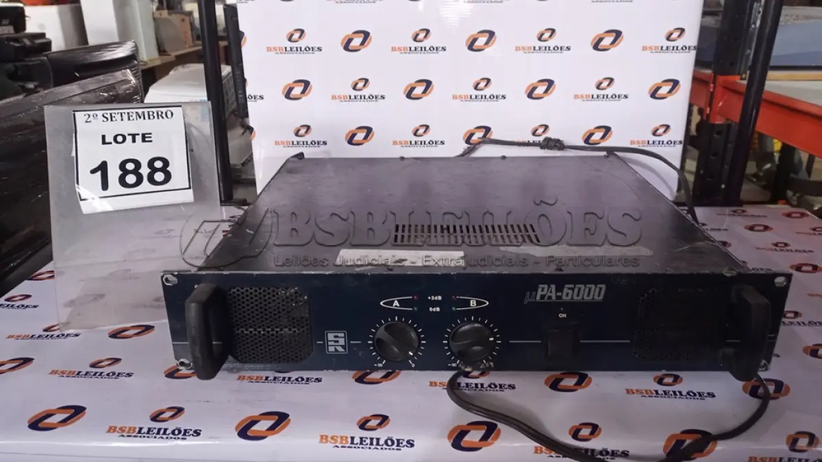 LOTE 188 - 01 AMPLIFICADOR DE POTÊNCIA MARCA STANER MODELO PA-6000. (NO ESTADO) ATENÇÃO! FAZER A VISITAÇÃO ANTES DE ARREMATAR, NÃO SABEMOS SE FUNCIONA, LEILÃO NÃO TEM GARANTIA E NEM DEVOLUÇÃO, SUJEITO A POSSÍVEIS AVARIAS VISÍVEIS/OCULTAS E/OU AUSÊNCIA DE COMPONENTES.