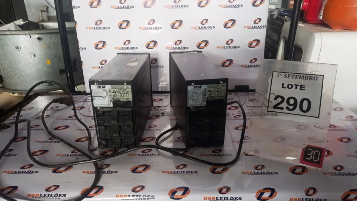 LOTE 290 - 02 NOBREAKS MARCA NHS. (NO ESTADO) ATENÇÃO! FAZER A VISITAÇÃO ANTES DE ARREMATAR, NÃO SABEMOS SE FUNCIONA, LEILÃO NÃO TEM GARANTIA E NEM DEVOLUÇÃO, SUJEITO A POSSÍVEIS AVARIAS VISÍVEIS/OCULTAS E/OU AUSÊNCIA DE COMPONENTES.