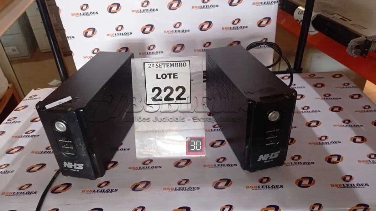 LOTE 222 - 02 NOBREAKS MARCA NHS MINI III. (NO ESTADO) ATENÇÃO! FAZER A VISITAÇÃO ANTES DE ARREMATAR, NÃO SABEMOS SE FUNCIONA, LEILÃO NÃO TEM GARANTIA E NEM DEVOLUÇÃO, SUJEITO A POSSÍVEIS AVARIAS VISÍVEIS/OCULTAS E/OU AUSÊNCIA DE COMPONENTES.