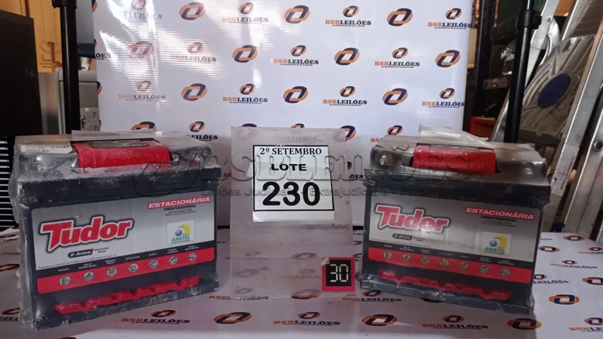 LOTE 230 - 02 BATERIAS ESTACIONÁRIAS MARCA TUDOR. (NO ESTADO) ATENÇÃO! FAZER A VISITAÇÃO ANTES DE ARREMATAR, NÃO SABEMOS SE FUNCIONA, LEILÃO NÃO TEM GARANTIA E NEM DEVOLUÇÃO, SUJEITO A POSSÍVEIS AVARIAS VISÍVEIS/OCULTAS E/OU AUSÊNCIA DE COMPONENTES.