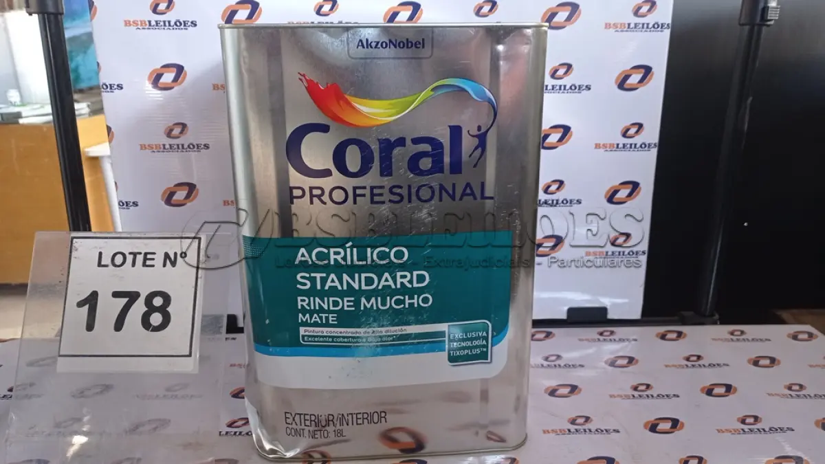 LOTE 178 - 01 LATA DE TINTA ACRILICA 18L NA COR BRANCA MARCA CORAL. (NO ESTADO, NÃO SABEMOS SE FUNCIONA. LEILÃO NÃO TEM GARANTIA E NEM DEVOLUÇÃO, SUJEITO A POSSÍVEIS AVARIAS VISÍVEIS/OCULTAS E/OU AUSÊNCIA DE COMPONENTES)