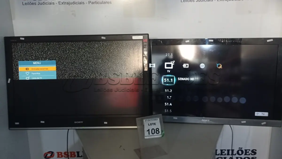LOTE 108 - 02 TV’S LCD 40’’ MARCA SONY. (NO ESTADO) ATENÇÃO! FAZER A VISITAÇÃO ANTES DE ARREMATAR, NÃO SABEMOS SE FUNCIONA, LEILÃO NÃO TEM GARANTIA E NEM DEVOLUÇÃO, SUJEITO A POSSÍVEIS AVARIAS VISÍVEIS/OCULTAS E/OU AUSÊNCIA DE COMPONENTES.
