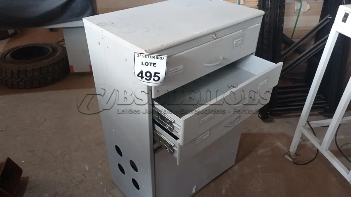 LOTE 495 - 01 ARMÁRIO DE ARQUIVO COM 03 GAVETAS E 01 PORTA. (NO ESTADO) ATENÇÃO! FAZER A VISITAÇÃO ANTES DE ARREMATAR, NÃO SABEMOS SE FUNCIONA, LEILÃO NÃO TEM GARANTIA E NEM DEVOLUÇÃO, SUJEITO A POSSÍVEIS AVARIAS VISÍVEIS/OCULTAS E/OU AUSÊNCIA DE COMPONENTES.