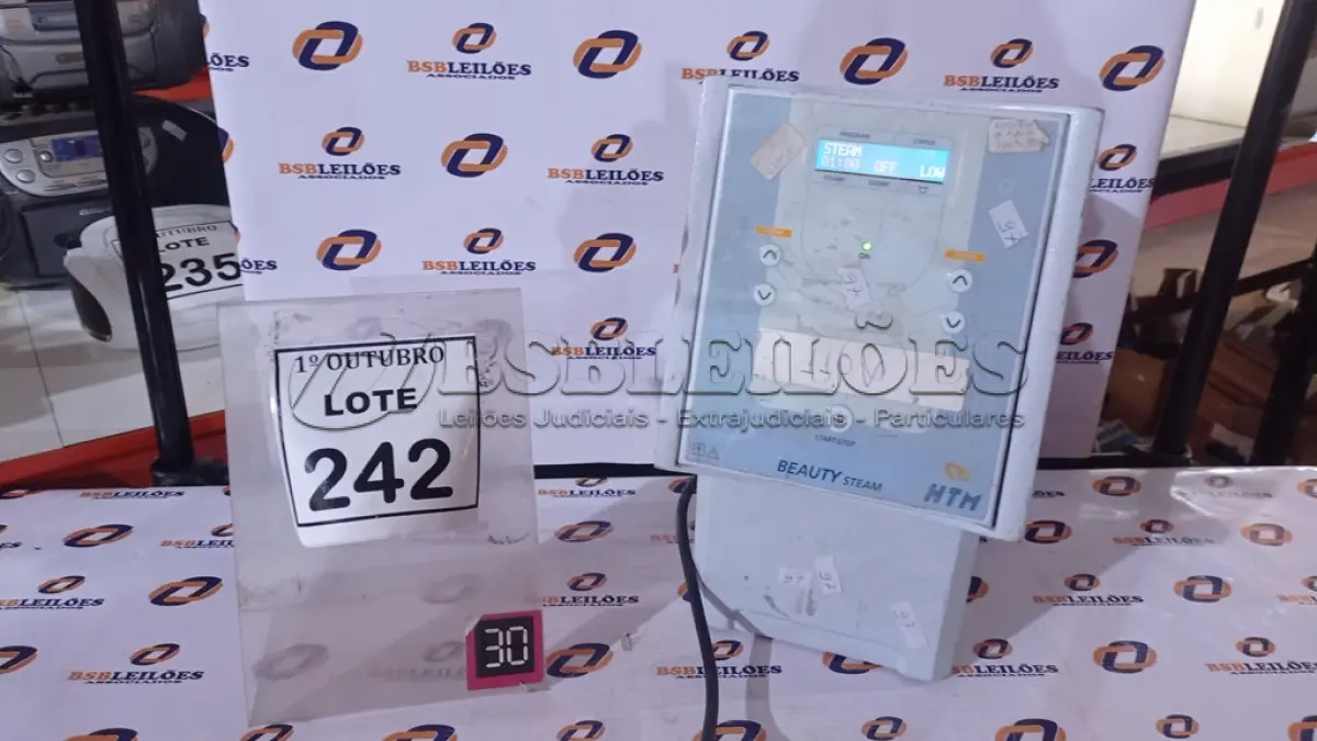 LOTE 242 - 01 APARELHO DE TERAPIA ESTÉTICA BEAUTY STEAM MARCA HTM. (NO ESTADO) ATENÇÃO! FAZER A VISITAÇÃO ANTES DE ARREMATAR, NÃO SABEMOS SE FUNCIONA, LEILÃO NÃO TEM GARANTIA E NEM DEVOLUÇÃO, SUJEITO A POSSÍVEIS AVARIAS VISÍVEIS/OCULTAS E/OU AUSÊNCIA DE COMPONENTES.