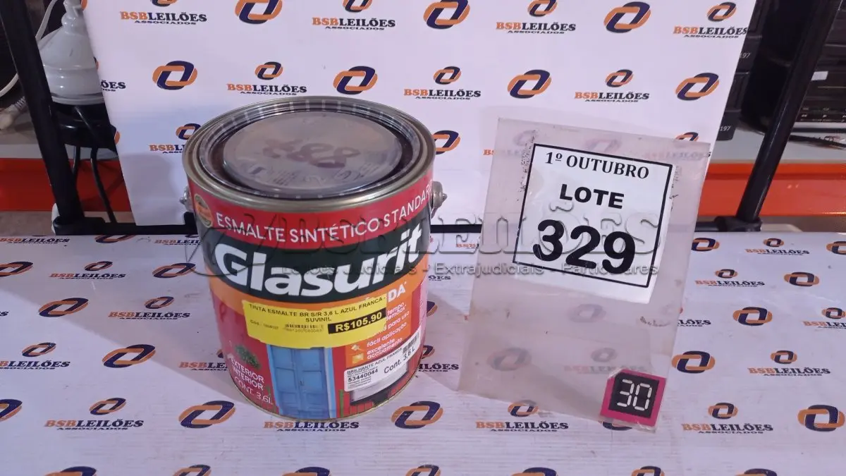 LOTE 329 - 01 LATA DE ESMALTE SINTÉTICO COM 3,6L NA COR BRILHANTE AZUL FRANÇA MARCA GLASURIT. (NO ESTADO) ATENÇÃO! FAZER A VISITAÇÃO ANTES DE ARREMATAR, NÃO SABEMOS SE FUNCIONA, LEILÃO NÃO TEM GARANTIA E NEM DEVOLUÇÃO, SUJEITO A POSSÍVEIS AVARIAS VISÍVEIS/OCULTAS E/OU AUSÊNCIA DE COMPONENTES.