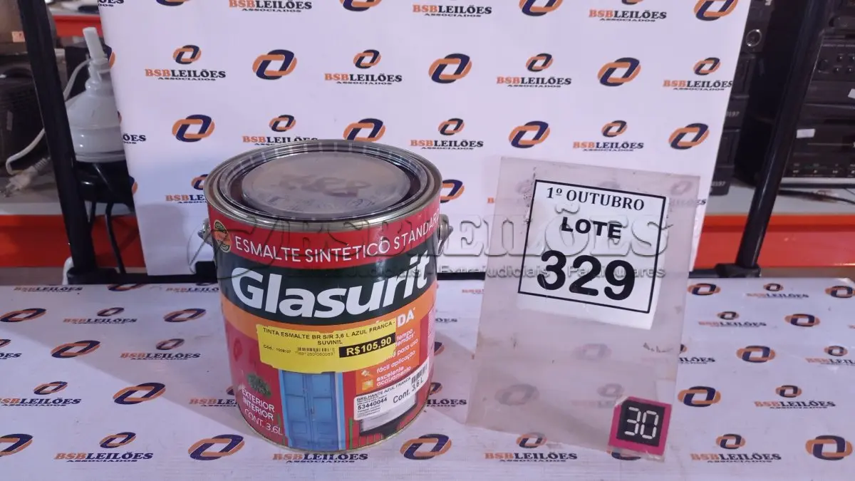 LOTE 329 - 01 LATA DE ESMALTE SINTÉTICO COM 3,6L NA COR BRILHANTE AZUL FRANÇA MARCA GLASURIT. (NO ESTADO) ATENÇÃO! FAZER A VISITAÇÃO ANTES DE ARREMATAR, NÃO SABEMOS SE FUNCIONA, LEILÃO NÃO TEM GARANTIA E NEM DEVOLUÇÃO, SUJEITO A POSSÍVEIS AVARIAS VISÍVEIS/OCULTAS E/OU AUSÊNCIA DE COMPONENTES.