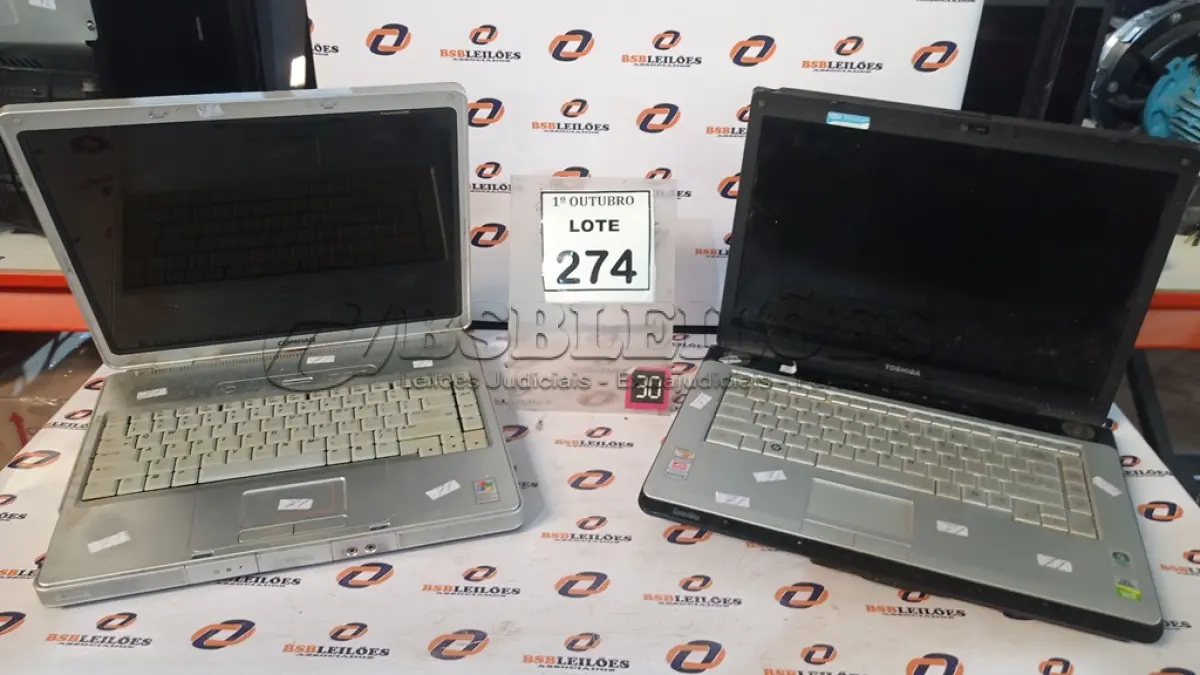 LOTE 274 - 02 NOTEBOOKS MARCAS TOSHIBA E COMPAQ. (NO ESTADO) ATENÇÃO! FAZER A VISITAÇÃO ANTES DE ARREMATAR, NÃO SABEMOS SE FUNCIONA, LEILÃO NÃO TEM GARANTIA E NEM DEVOLUÇÃO, SUJEITO A POSSÍVEIS AVARIAS VISÍVEIS/OCULTAS E/OU AUSÊNCIA DE COMPONENTES.