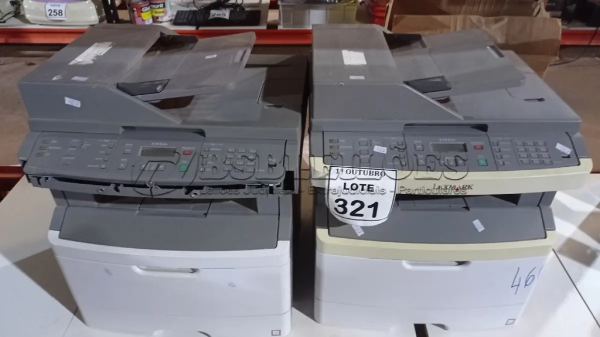LOTE 321 - 02 IMPRESSORAS MODELO X364DN MARCA LEXMARK. (NO ESTADO) ATENÇÃO! FAZER A VISITAÇÃO ANTES DE ARREMATAR, NÃO SABEMOS SE FUNCIONA, LEILÃO NÃO TEM GARANTIA E NEM DEVOLUÇÃO, SUJEITO A POSSÍVEIS AVARIAS VISÍVEIS/OCULTAS E/OU AUSÊNCIA DE COMPONENTES.