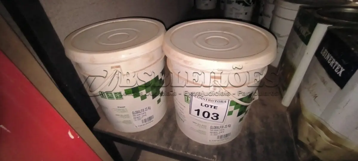 LOTE 103 - 02 BALDES DE ADESIVO GLOBALFIX 23KG . (NO ESTADO) ATENÇÃO! FAZER A VISITAÇÃO ANTES DE ARREMATAR, NÃO SABEMOS SE FUNCIONA, LEILÃO NÃO TEM GARANTIA E NEM DEVOLUÇÃO, SUJEITO A POSSÍVEIS AVARIAS VISÍVEIS/OCULTAS E/OU AUSÊNCIA DE COMPONENTES.