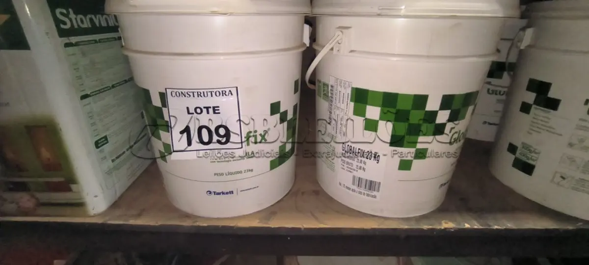 LOTE 109 - 02 BALDES DE ADESIVOS GLOBALFIX 23KG . (NO ESTADO) ATENÇÃO! FAZER A VISITAÇÃO ANTES DE ARREMATAR, NÃO SABEMOS SE FUNCIONA, LEILÃO NÃO TEM GARANTIA E NEM DEVOLUÇÃO, SUJEITO A POSSÍVEIS AVARIAS VISÍVEIS/OCULTAS E/OU AUSÊNCIA DE COMPONENTES.