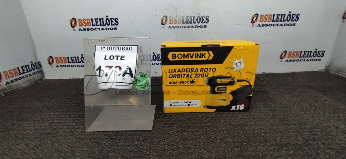 LOTE 170 - 01 LIXADEIRA ROTO ORBITAL COM REGULADOR DE VELOCIDADE 220V 300W COM 16 LIXAS (PRODUTO NOVO) (NO ESTADO) ATENÇÃO! FAZER A VISITAÇÃO ANTES DE ARREMATAR, NÃO SABEMOS SE FUNCIONA, LEILÃO NÃO TEM GARANTIA E NEM DEVOLUÇÃO, SUJEITO A POSSÍVEIS AVARIAS VISÍVEIS/OCULTAS E/OU AUSÊNCIA DE COMPONENTES.