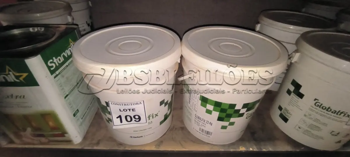 LOTE 109 - 02 BALDES DE ADESIVOS GLOBALFIX 23KG . (NO ESTADO) ATENÇÃO! FAZER A VISITAÇÃO ANTES DE ARREMATAR, NÃO SABEMOS SE FUNCIONA, LEILÃO NÃO TEM GARANTIA E NEM DEVOLUÇÃO, SUJEITO A POSSÍVEIS AVARIAS VISÍVEIS/OCULTAS E/OU AUSÊNCIA DE COMPONENTES.