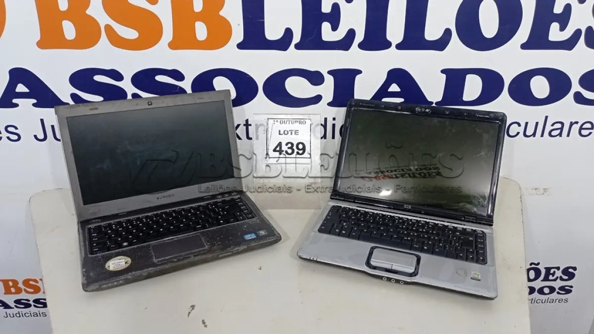 LOTE 439 - 02 NOTEBOOKS MARCAS DELL E HP. (NO ESTADO) ATENÇÃO! FAZER A VISITAÇÃO ANTES DE ARREMATAR, NÃO SABEMOS SE FUNCIONA, LEILÃO NÃO TEM GARANTIA E NEM DEVOLUÇÃO, SUJEITO A POSSÍVEIS AVARIAS VISÍVEIS/OCULTAS E/OU AUSÊNCIA DE COMPONENTES.