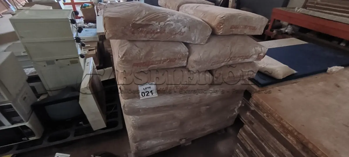 LOTE 021 - 01 PALETE COM SACOS DE 40KG DE GESSO. (NO ESTADO) ATENÇÃO! FAZER A VISITAÇÃO ANTES DE ARREMATAR, NÃO SABEMOS SE FUNCIONA, LEILÃO NÃO TEM GARANTIA E NEM DEVOLUÇÃO, SUJEITO A POSSÍVEIS AVARIAS VISÍVEIS/OCULTAS E/OU AUSÊNCIA DE COMPONENTES.