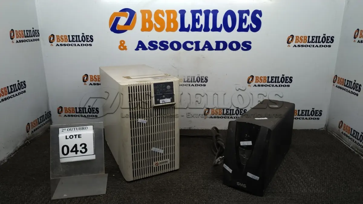 LOTE 043 - 02 NOBREAKS MARCAS SMS E MICROSOL. (NO ESTADO) ATENÇÃO! FAZER A VISITAÇÃO ANTES DE ARREMATAR, NÃO SABEMOS SE FUNCIONA, LEILÃO NÃO TEM GARANTIA E NEM DEVOLUÇÃO, SUJEITO A POSSÍVEIS AVARIAS VISÍVEIS/OCULTAS E/OU AUSÊNCIA DE COMPONENTES.