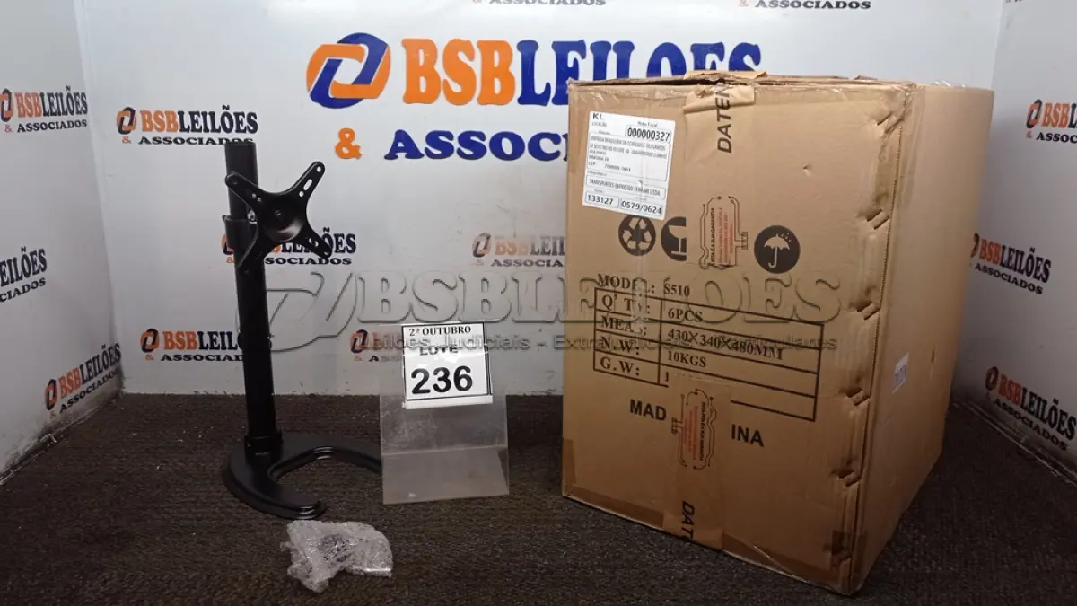 LOTE 236 - 01 CAIXA COM 06 SUPORTES PARA MONITORES MARCA DATEN. (NO ESTADO) ATENÇÃO! FAZER A VISITAÇÃO ANTES DE ARREMATAR, NÃO SABEMOS SE FUNCIONA, LEILÃO NÃO TEM GARANTIA E NEM DEVOLUÇÃO, SUJEITO A POSSÍVEIS AVARIAS VISÍVEIS/OCULTAS E/OU AUSÊNCIA DE COMPONENTES.