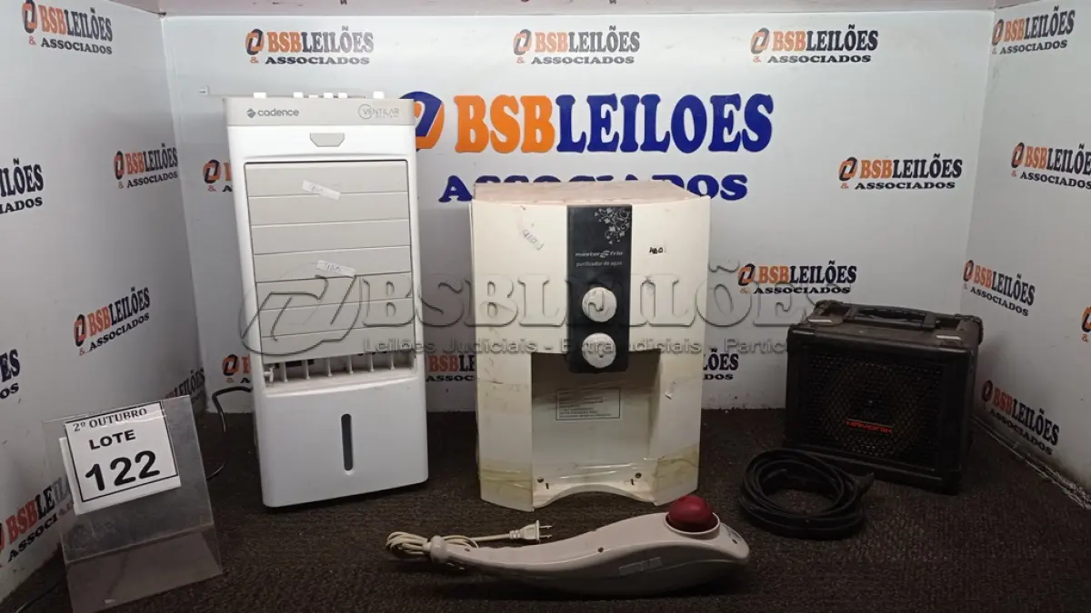 LOTE 122 - 01 CLIMATIZADOR MARCA CADENCE, 01 PURIFICADOR DE ÁGUA MARCA MASTER FRIO, 01 CAIXA DE SOM MULTIUSO MARCA HAYONILK MODELO PLAYER 80 E 01 MASSAGEADOR. (NO ESTADO) ATENÇÃO! FAZER A VISITAÇÃO ANTES DE ARREMATAR, NÃO SABEMOS SE FUNCIONA, LEILÃO NÃO TEM GARANTIA E NEM DEVOLUÇÃO, SUJEITO A POSSÍVEIS AVARIAS VISÍVEIS/OCULTAS E/OU AUSÊNCIA DE COMPONENTES.