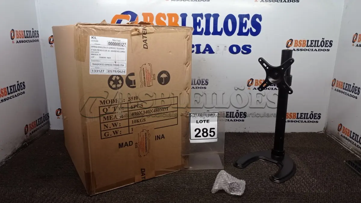 LOTE 285 - 01 CAIXA COM 06 SUPORTES PARA MONITORES MARCA DATEN. (NO ESTADO) ATENÇÃO! FAZER A VISITAÇÃO ANTES DE ARREMATAR, NÃO SABEMOS SE FUNCIONA, LEILÃO NÃO TEM GARANTIA E NEM DEVOLUÇÃO, SUJEITO A POSSÍVEIS AVARIAS VISÍVEIS/OCULTAS E/OU AUSÊNCIA DE COMPONENTES.