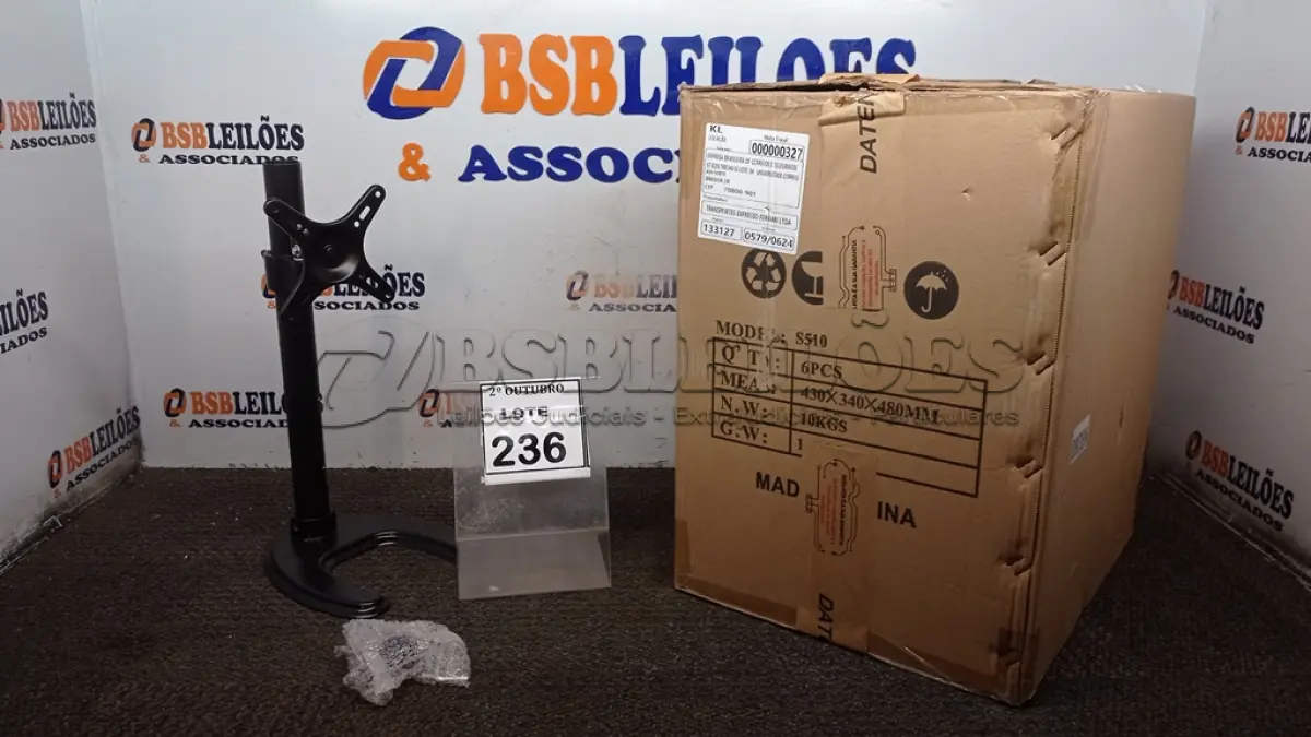 LOTE 236 - 01 CAIXA COM 06 SUPORTES PARA MONITORES MARCA DATEN. (NO ESTADO) ATENÇÃO! FAZER A VISITAÇÃO ANTES DE ARREMATAR, NÃO SABEMOS SE FUNCIONA, LEILÃO NÃO TEM GARANTIA E NEM DEVOLUÇÃO, SUJEITO A POSSÍVEIS AVARIAS VISÍVEIS/OCULTAS E/OU AUSÊNCIA DE COMPONENTES.