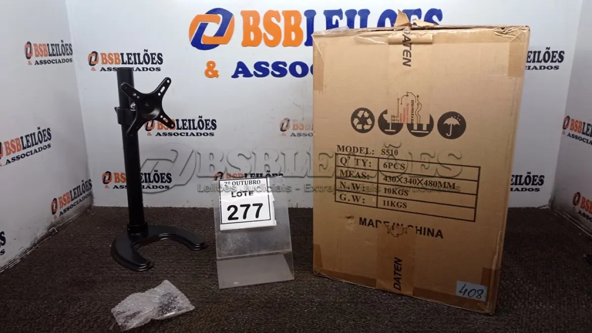 LOTE 277 - 01 CAIXA COM 06 SUPORTES PARA MONITORES MARCA DATEN. (NO ESTADO) ATENÇÃO! FAZER A VISITAÇÃO ANTES DE ARREMATAR, NÃO SABEMOS SE FUNCIONA, LEILÃO NÃO TEM GARANTIA E NEM DEVOLUÇÃO, SUJEITO A POSSÍVEIS AVARIAS VISÍVEIS/OCULTAS E/OU AUSÊNCIA DE COMPONENTES.