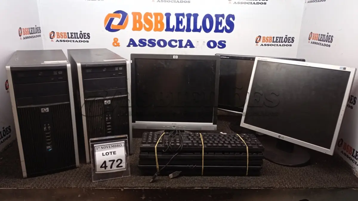 LOTE 472 - 02 CPUS MARCA HP, 03 MONITORES E 05 TECLADOS DE PC. (NO ESTADO) ATENÇÃO! FAZER A VISITAÇÃO ANTES DE ARREMATAR, NÃO SABEMOS SE FUNCIONA, LEILÃO NÃO TEM GARANTIA E NEM DEVOLUÇÃO, SUJEITO A POSSÍVEIS AVARIAS VISÍVEIS/OCULTAS E/OU AUSÊNCIA DE COMPONENTES.