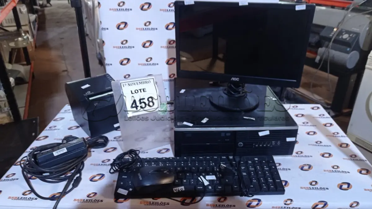 LOTE 458 - 01 CPU HP, 01 MONITOR AOC, 01 TECLADO, 01 MOUSE E 01 IMPRESSORA DE CUPOM COM FONTE MARCA BEMATECH. (NO ESTADO) ATENÇÃO! FAZER A VISITAÇÃO ANTES DE ARREMATAR, NÃO SABEMOS SE FUNCIONA, LEILÃO NÃO TEM GARANTIA E NEM DEVOLUÇÃO, SUJEITO A POSSÍVEIS AVARIAS VISÍVEIS/OCULTAS E/OU AUSÊNCIA DE COMPONENTES.