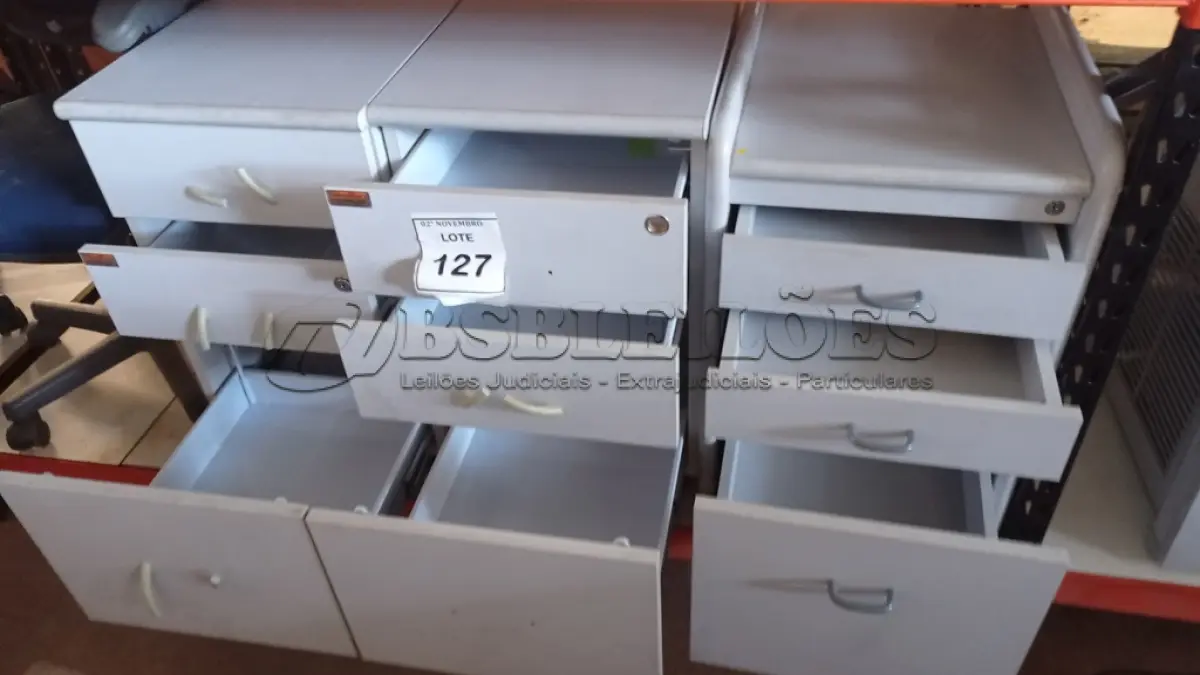 LOTE 127 - 02 GAVETEIROS 03 GAVETAS CADA. (NO ESTADO) ATENÇÃO! FAZER A VISITAÇÃO ANTES DE ARREMATAR, NÃO SABEMOS SE FUNCIONA, LEILÃO NÃO TEM GARANTIA E NEM DEVOLUÇÃO, SUJEITO A POSSÍVEIS AVARIAS VISÍVEIS/OCULTAS E/OU AUSÊNCIA DE COMPONENTES.