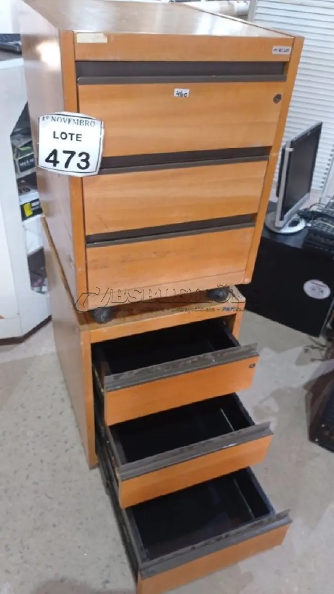 LOTE 473 - 02 GAVETEIROS COM RODINHAS DE 03 GAVETAS CADA. (NO ESTADO) ATENÇÃO! FAZER A VISITAÇÃO ANTES DE ARREMATAR, NÃO SABEMOS SE FUNCIONA, LEILÃO NÃO TEM GARANTIA E NEM DEVOLUÇÃO, SUJEITO A POSSÍVEIS AVARIAS VISÍVEIS/OCULTAS E/OU AUSÊNCIA DE COMPONENTES.