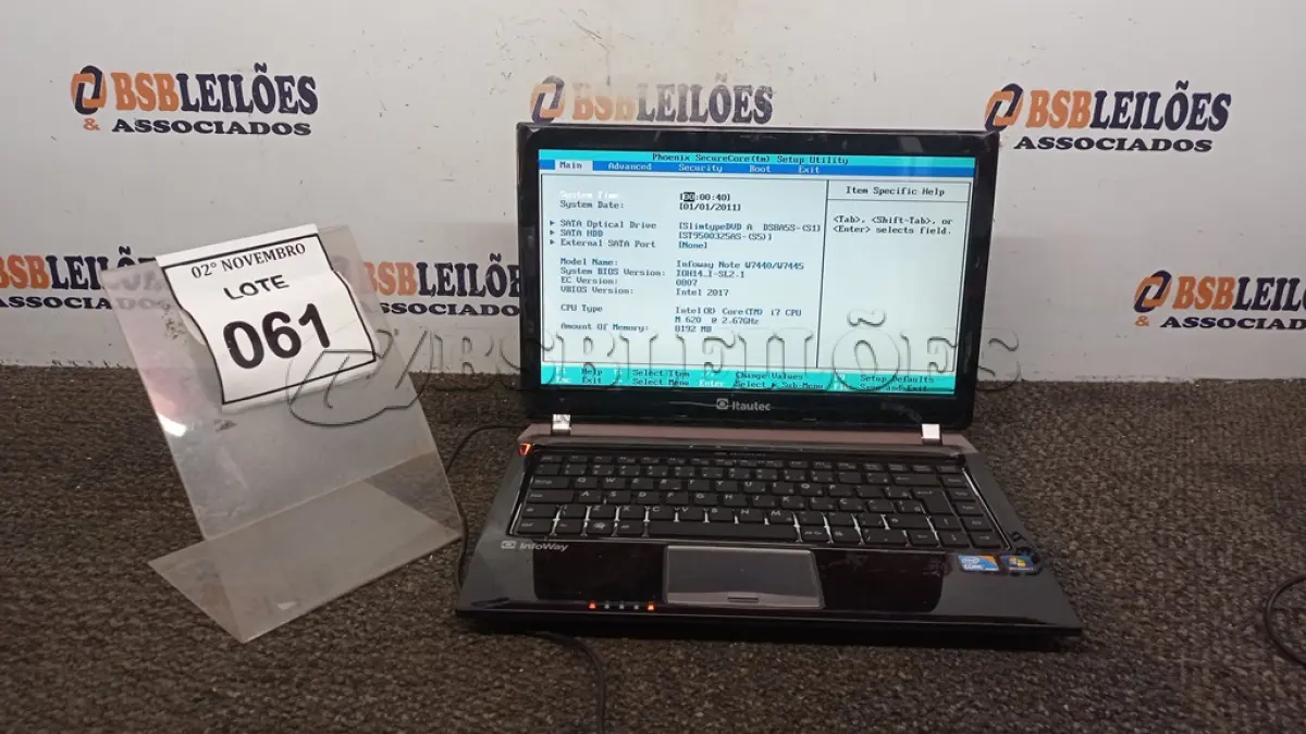 LOTE 061 - 01 NOTEBOOK CORE I7 HD 500 MARCA ITAUTEC. (NO ESTADO) ATENÇÃO! FAZER A VISITAÇÃO ANTES DE ARREMATAR, NÃO SABEMOS SE FUNCIONA, LEILÃO NÃO TEM GARANTIA E NEM DEVOLUÇÃO, SUJEITO A POSSÍVEIS AVARIAS VISÍVEIS/OCULTAS E/OU AUSÊNCIA DE COMPONENTES.